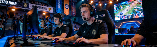 CS:GO Major赛事现场，选手戴着耳机专注比赛