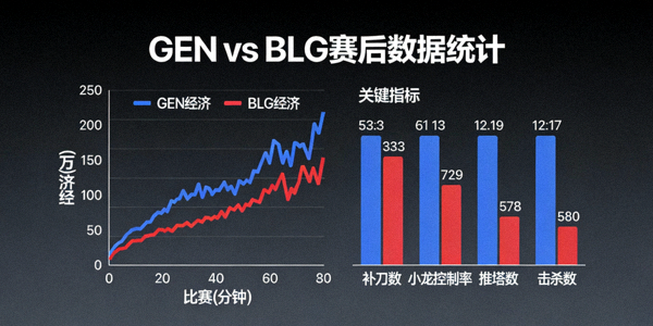 GEN对阵BLG赛后数据统计面板，显示经济曲线与关键指标对比